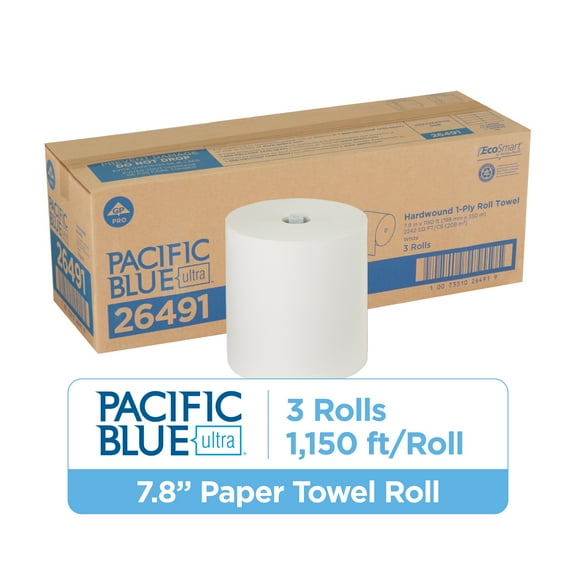 Pacific Blue Ultra 8 High-Capacity Recycled Paper Towel Rolls by GP PRO (Georgia-Pacific), White, 3 Rolls per Case
