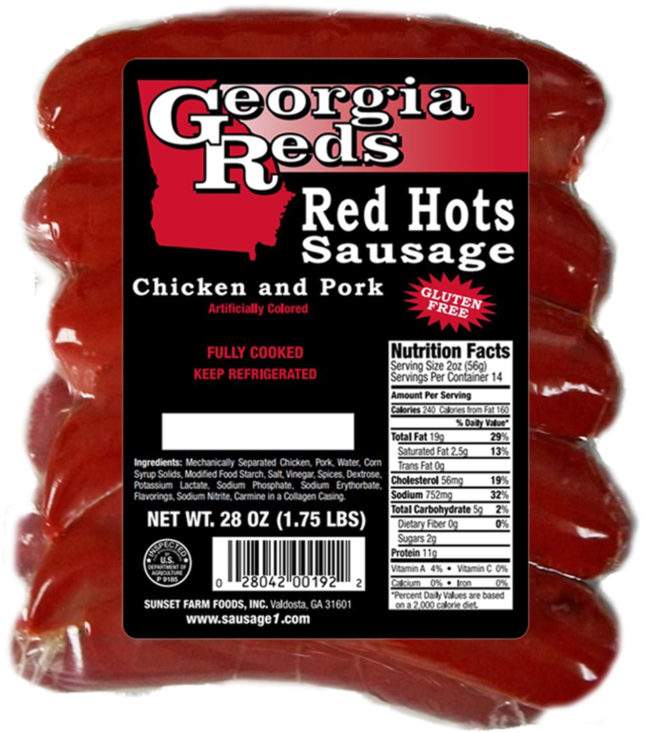Georgia Reds Red Hots Fully Cooked Chicken & Pork Smoked Sausage 28 oz