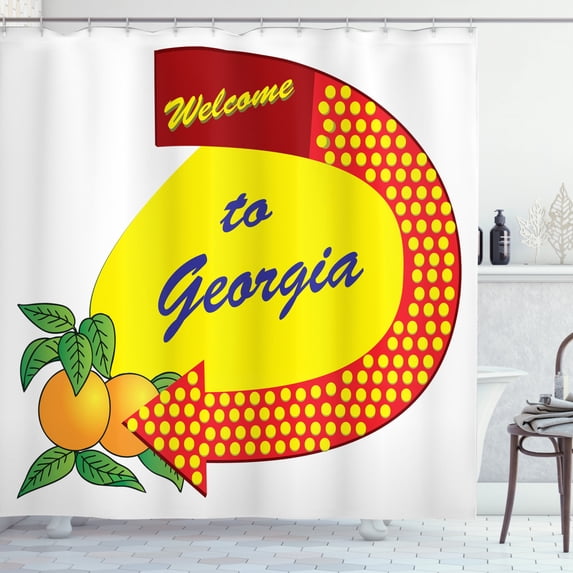 Georgia Shower Curtain, Symbolic Composition of Peaches and a Dotted Arrow, Fabric Bathroom Set with Hooks, 69W X 84L Inches Extra Long, Yellow Paprika Fern Green and Dark Lavender, by Ambesonne