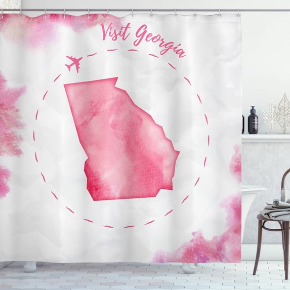 Georgia Shower Curtain, Watercolor Style Airplane Circling the State, Fabric Bathroom Set with Hooks, 69W X 84L Inches Extra Long, Dark Coral Pastel Pink Pale Eggshell Pale Mauve, by Ambesonne