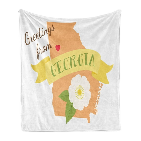 Georgia Soft Flannel Fleece Blanket, Show Your Love for Your Favourite State and It's Flower Greetings Design, Cozy Plush for Indoor and Outdoor Use, 50" x 70", Peach and Multicolor, by Ambesonne