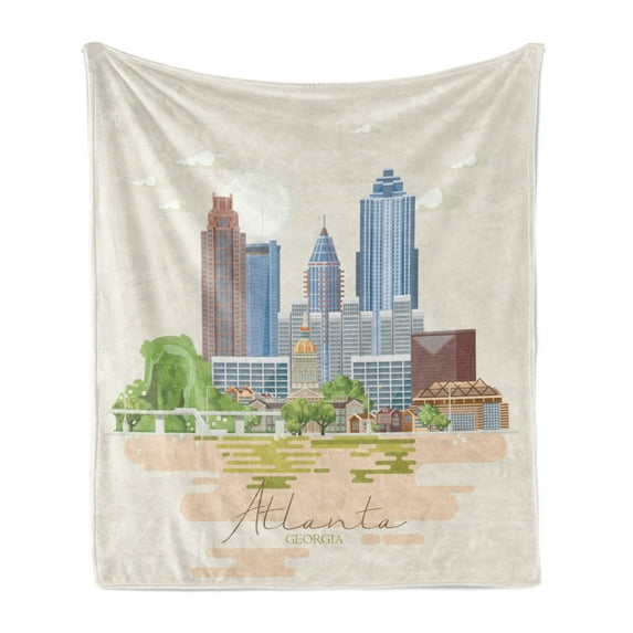 Georgia Soft Flannel Fleece Throw Blanket, Computer Graphics of City, Cozy Plush for Indoor and Outdoor Use, 70" x 90", Ivory Multicolor, by Ambesonne