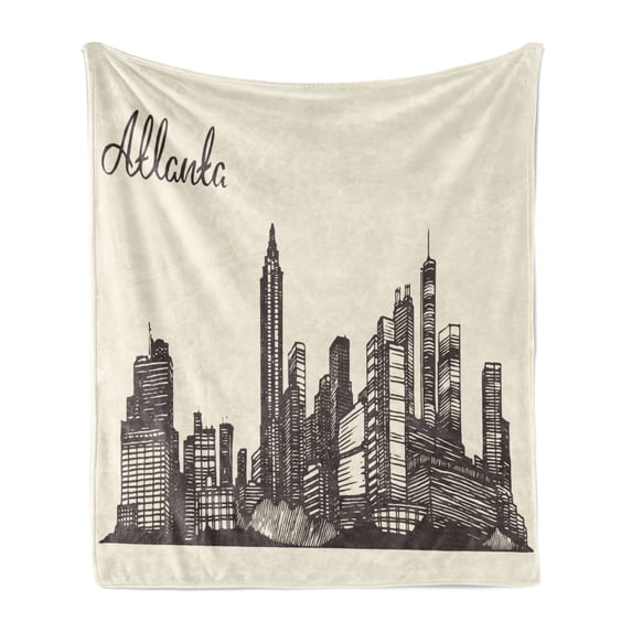 Georgia Soft Flannel Fleece Throw Blanket, Illustration of Atlanta City Skyline Vintage Design Drawn by Hand, Cozy Plush for Indoor and Outdoor Use, 50" x 70", Dark Taupe and Eggshell, by Ambesonne