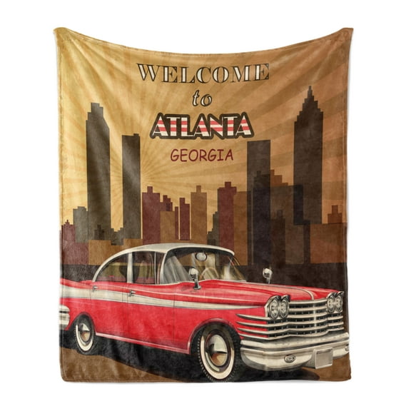 Georgia Soft Flannel Fleece Throw Blanket, Welcome to Atlanta Retro Concept Old Classic Car and City Skyline, Cozy Plush for Indoor and Outdoor Use, 50" x 70", Dark Cocoa Multicolor, by Ambesonne