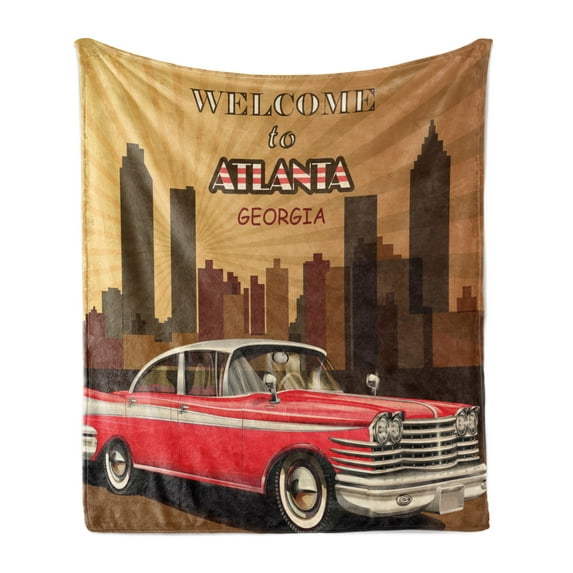 Georgia Soft Flannel Fleece Throw Blanket, Welcome to Atlanta Retro Concept Old Classic Car and City Skyline, Cozy Plush for Indoor and Outdoor Use, 70" x 90", Dark Cocoa Multicolor, by Ambesonne