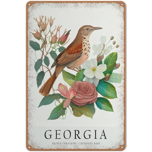 Georgia State Bird and Flower Metal Tin Wall Art Sign, Home Bar and Man Cave Decor, 8 x 12 Inches