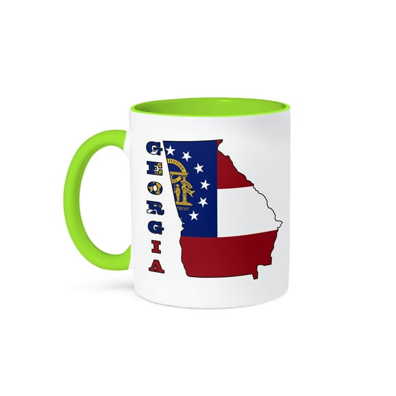 3dRose, Georgia state flag in the outline map and letters of Georgia, 11oz Two-Tone Green Mug