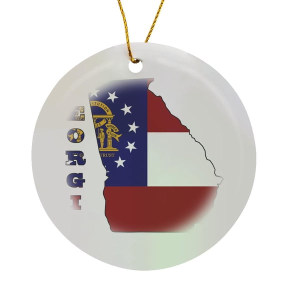 Georgia State Flag In The Outline Map And Letters Of Georgia, Circle Porcelain Ornament
