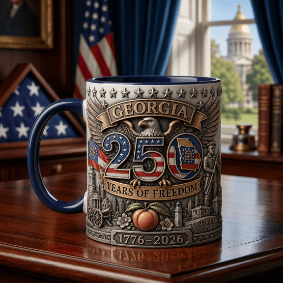 Georgia State Pride Mug with Navy Inside, Eagle Flag Peach Patriotic Gift