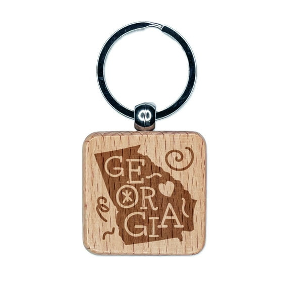 Georgia State with Text Swirls Square Keychain Charm Tag - Engraved Wood