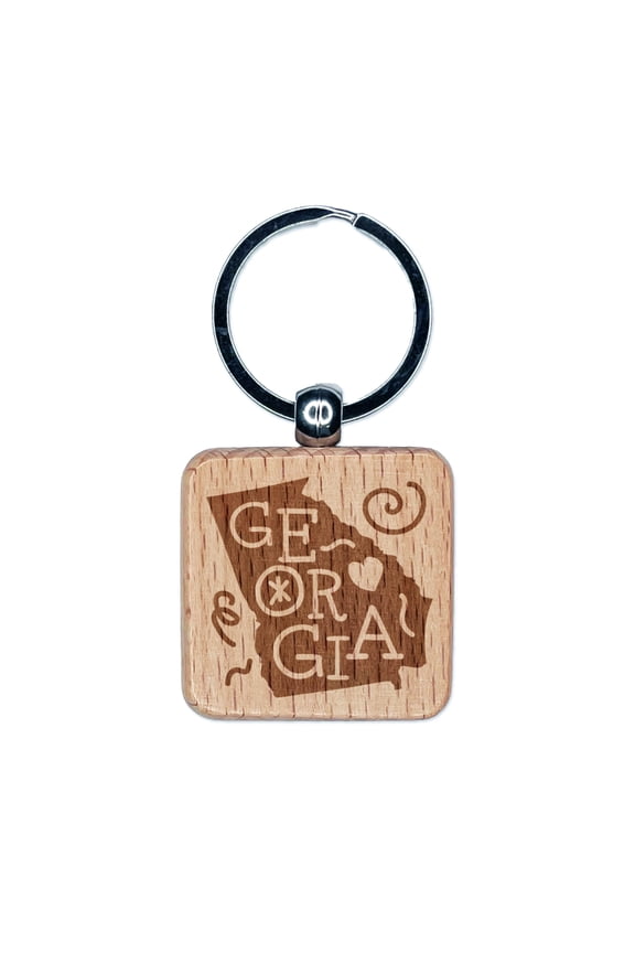 Georgia State with Text Swirls Square Keychain Charm Tag - Engraved Wood