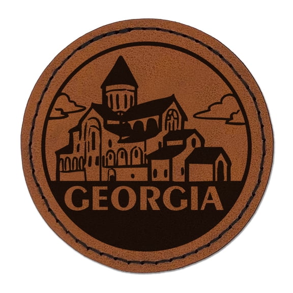 Georgia Svetitskhoveli Cathedral Country Destination Travel Landmark Round Iron-On Engraved Faux Leather Patch Applique - 2.5 Inch - Brown