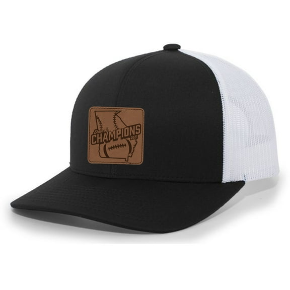 Georgia The State of Champions Baseball Football National Sports Champs Mens Leather Patch Trucker Hat, Black/White