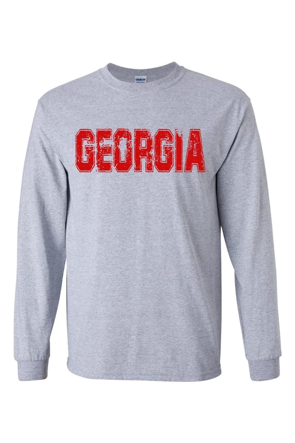 Georgia Tshirt Football Team Color Red and Black Distressed Georgia State Name Bulldogs Mens Long Sleeve T-shirt Graphic Tee-Sports Grey-medium