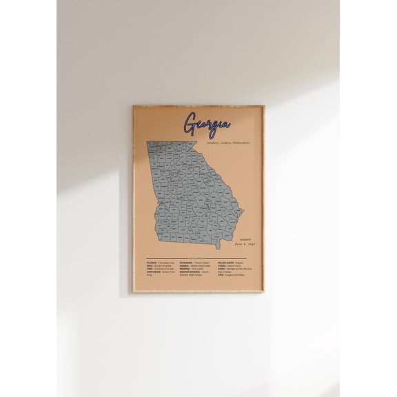 Georgia Vintage Map Poster: Us State Art, Social Studies Decor, Unframed Poster Size 8x12