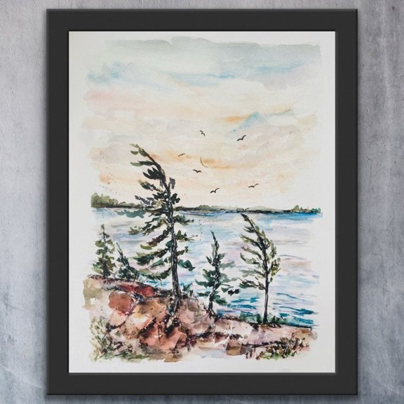 Georgian Bay Ontario Wall Art Print, Rocks And Windy Trees, Cliff Waters Edge, Forest Sunset, Living Room And Gallery Wall Decor