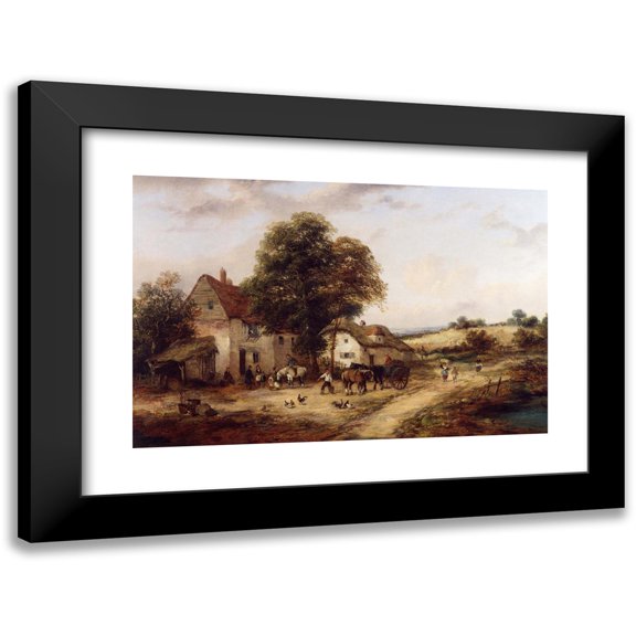 Georgina Lara 24x17 Black Modern Framed Museum Art Print Titled - A Farmyard with Figures and Horses
