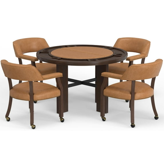 Georgio Dining and Poker Foldable 5-piece Set - Saddle Brown Faux Leather Insert