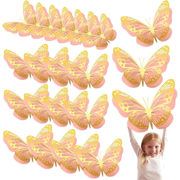 Geosar 20 Pcs 3D Large Butterfly Party Decoration 2 Layer Giant Paper Butterfly Stickers for Birthday Baby Shower Nursery Wall Decor (Gold,Pink)