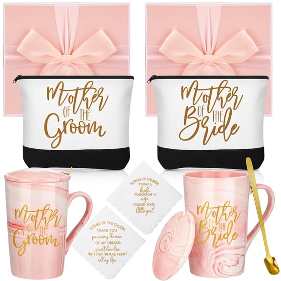 Geosar 8 Pcs Wedding Gifts Mother of The Bride Gifts Mother of The Groom Coffee Mug Makeup Bags Handkerchief Gift Box for Wedding Proposal Engagement