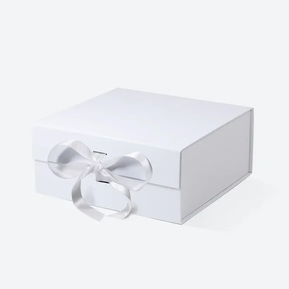 Geoto 10"×10"×4.5" C5 Square Size Luxury Rigid Magnetic Closure Collapsible Gift Box,Foldable Boxes for Gift Wrapping Wholesale(White with Ribbon)