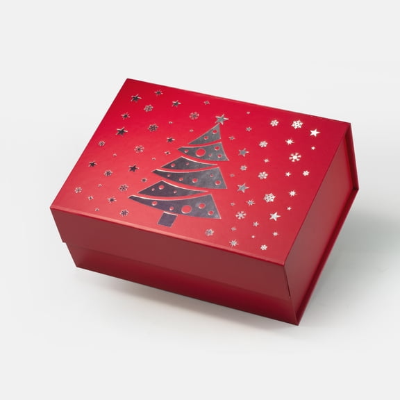 Geoto 11"×8.26"×3.74" Medium Size Christmas Tree Painting Foldable Box for Gift Wrapping, Luxury Rigid Magnetic Closure Collapsible Gift Packaging Boxes(Red)