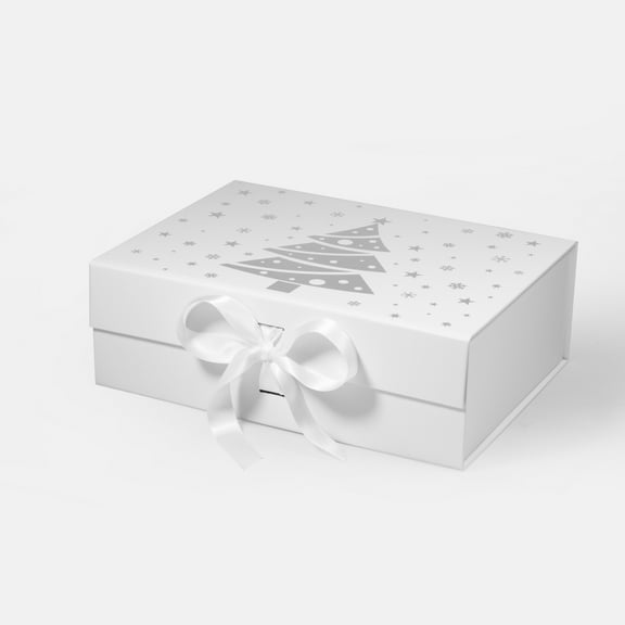 Geoto 11"×8.26"×3.74" Medium Size Christmas Tree Painting Foldable Box for Gift Wrapping, Luxury Rigid Magnetic Closure Collapsible Gift Packaging Boxes(White with Ribbon)