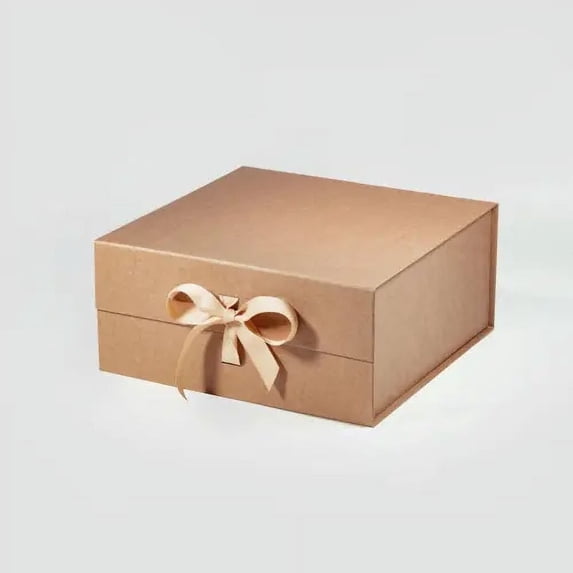 Geoto 11"x11"x5.08" Medium Square Size Luxury Rigid Foldable Magnetic Closure Collapsible Gift Packaging Boxes(Kraft with Ribbon)