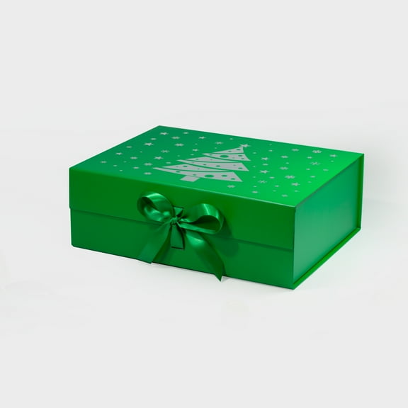Geoto 13"×10"×4.52" A4 Deep Christmas Tree Painting Foldable Box for Gift Wrapping, Luxury Rigid Magnetic Closure Collapsible Gift Packaging Boxes(Green with Ribbon)
