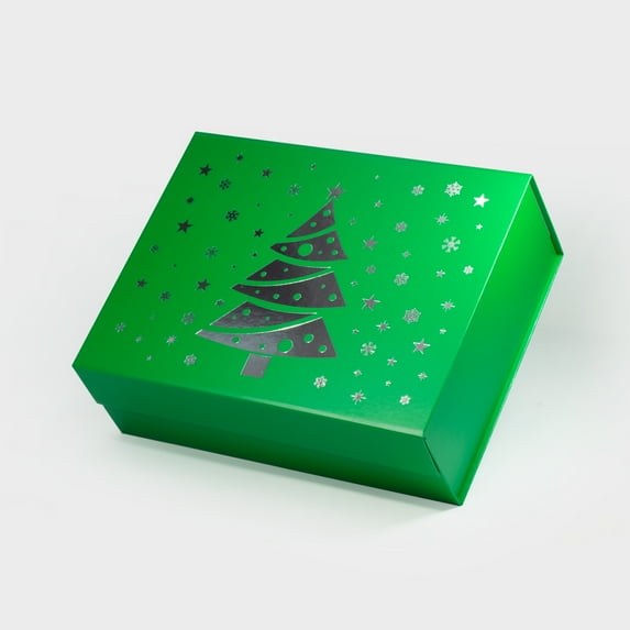 Geoto 13"×10"×4.52" A4 Deep Christmas Tree Painting Foldable Box for Gift Wrapping, Luxury Rigid Magnetic Closure Collapsible Gift Packaging Boxes(Green)