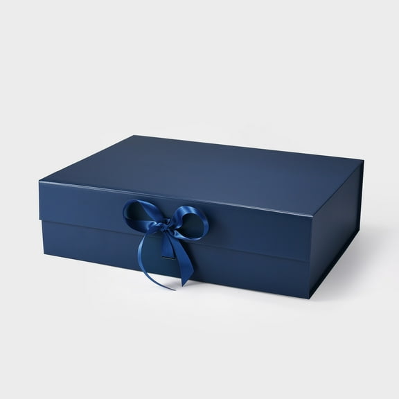 Geoto 15"x11"x4.33" Large Size Luxury Rigid Foldable Magnetic Closure Collapsible Gift Packaging Boxes(Navy Blue with Ribbon)