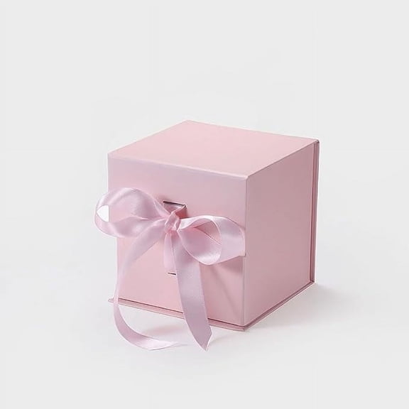 Geoto 4.72"×4.72"×4.72" Small Cube Size Luxury Candle Packaging Box, Rigid Cardboard Chocolate Packaging Boxes Wholesale(Pink with Ribbon)