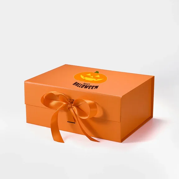 Geoto 9.25"×6.69"×3.94" A5 Deep Orange Digital Printing Gift Box with Ribbon for Halloween, Luxury Rigid Magnetic Closure Box(Print B)