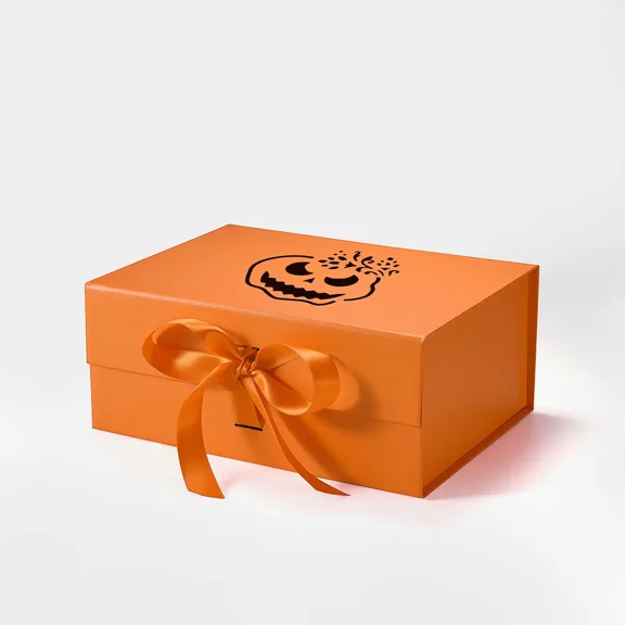 Geoto 9.25"×6.69"×3.94" A5 Deep Orange Digital Printing Gift Box with Ribbon for Halloween, Luxury Rigid Magnetic Closure Box(Print D)