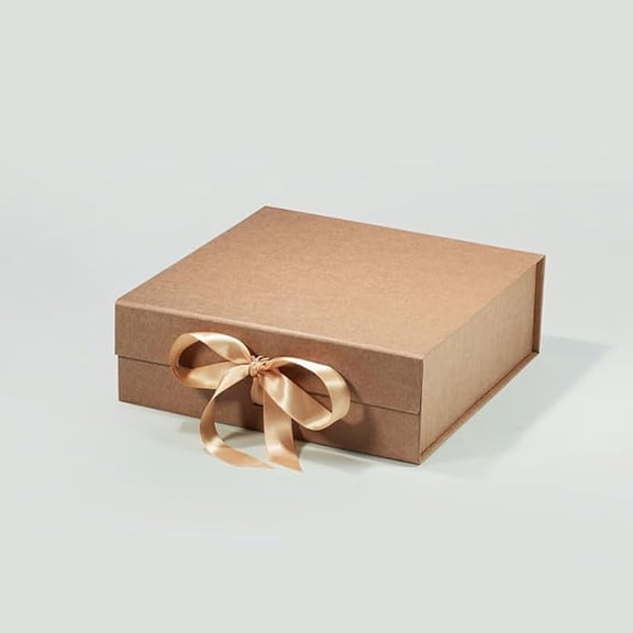 Geoto 9.25"×9.25"×3.14" A5 Square Size Luxury Rigid Foldable Magnetic Closure Collapsible Gift Packaging Boxes(Kraft with Ribbon)