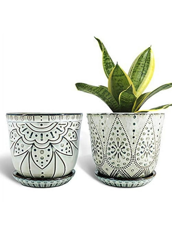 Gepege 6 Inch Ceramic Planter for Indoor Plants with Drainage Hole and Saucer, Round Succulent Orchid Flower Pot - set of 2
