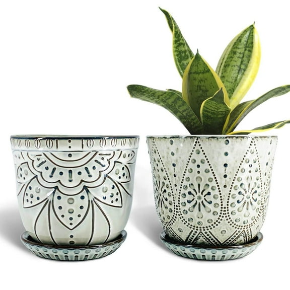 BESTSELER 6 Inch Ceramic Planter for Indoor Plants with Drainage Hole and Saucer, Round Succulent Orchid Flower Pot - set of 2