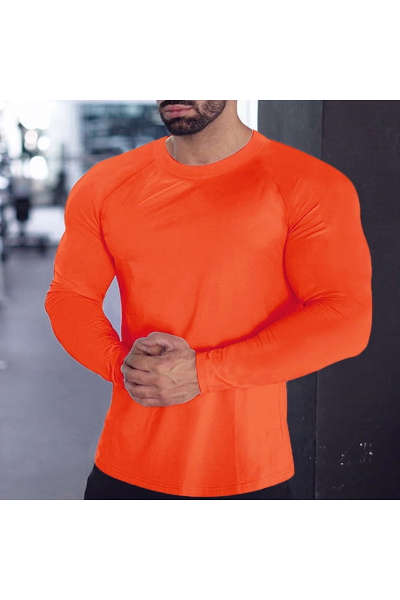 Compression Shirt Men Long Sleeve Shirts for Men Fitness Sports Quick Frying T Shirt Round Neck Tight Elastic Bottoming Top Workout Shirts for Men Mens Shirts Polyester Orange Xl