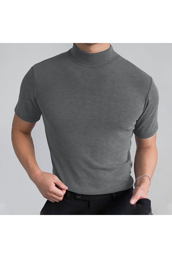 Compression Shirt Men Men's T-Shirts Male Summer Solid T Shirt Blouse High Collar Turtleneck Short Sleeve Tops T Shirt Graphic Tees Men Sweater Polyester Gray Xxl
