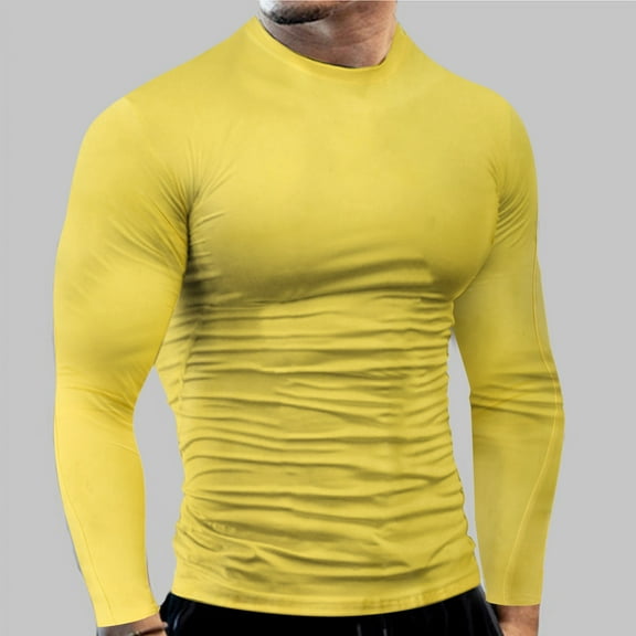 Gephdiin Compression Shirt Men Workout Shirts for Men Fitness Sports Quick Frying Long Sleeve T Shirt Tight Elastic Bottoming Top Mens Shirts Mens T-Shirts Polyester Yellow M