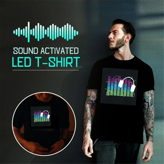 Gephdiin Graphic Tees Mens T-Shirts Men Party Dj Sound Activated Ledlight Up And Down Flashing Glowing T Shirt Graphic Tees Men Mens Shirts Cotton Black S