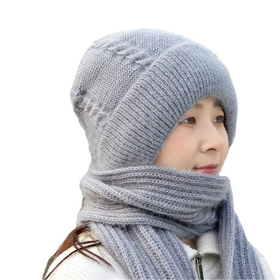 Gephdiin Hats for Women Scarf Integrated Ear Windproof Cap Scarf Knitting Thick Warm Ear Guard Hat Hooded Scarf Women Winter Knitted Hat Scarf for Women Gray One Size