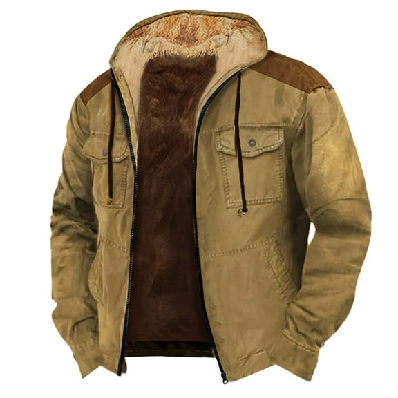 Gephdiin Leather Jacket Solid Color Combination Hooded Sweater with Brown Pocket Cotton Jacket Motorcycle Jacket Men Mens Jacket Beige 4Xl