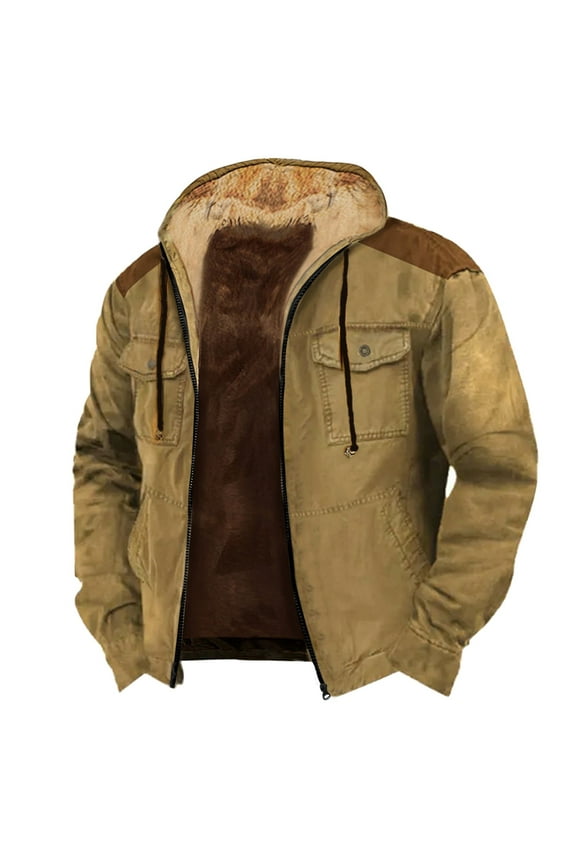 Leather Jacket Solid Color Combination Hooded Sweater with Brown Pocket Cotton Jacket Motorcycle Jacket Men Mens Jacket Beige L