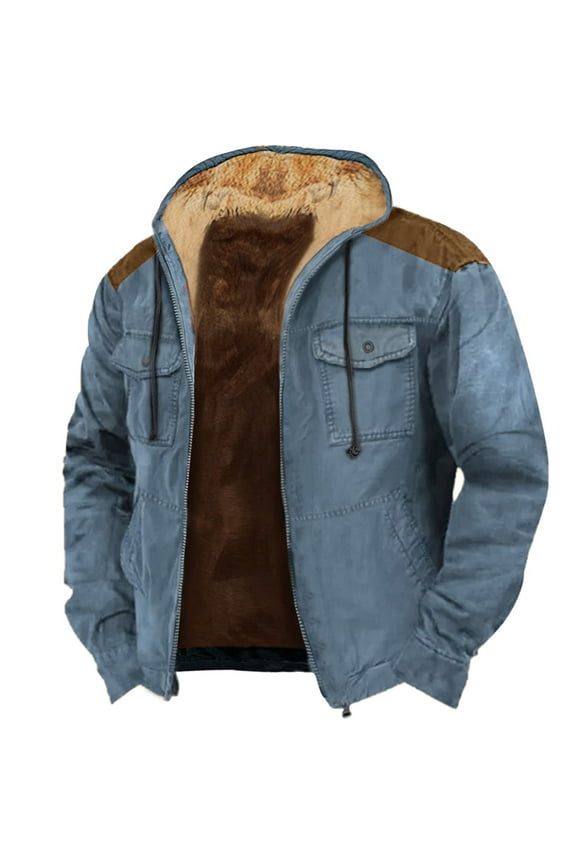 Leather Jacket Solid Color Combination Hooded Sweater with Brown Pocket Cotton Jacket Motorcycle Jacket Men Mens Jacket Blue S