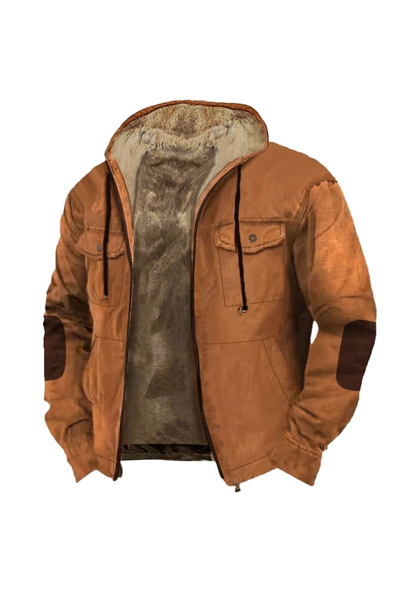 Leather Jacket Solid Color Combination Hooded Sweater with Brown Pocket Cotton Jacket Motorcycle Jacket Men Mens Jacket Brown Xl