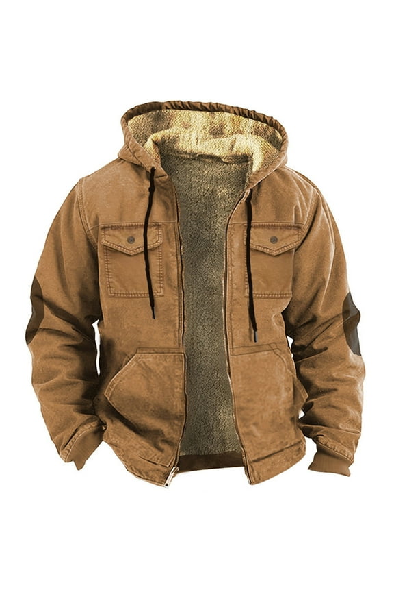 Leather Jacket Solid Color Combination Hooded Sweater with Brown Pocket Cotton Jacket Motorcycle Jacket Men Mens Jacket Coffee 3Xl