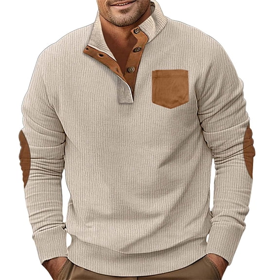 Gephdiin Long Sleeve Shirts for Men Men's T-Shirts Classic Long Sleeved Collar T Shirt Button Down Shirt Pocket T Shirt Mens Long Sleeve Tee Shirts Graphic Tees Men Corduroy Beige Xl