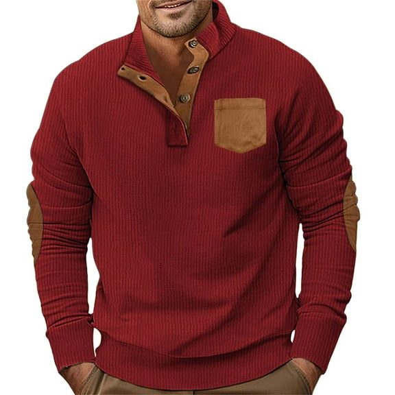 Gephdiin Long Sleeve Shirts for Men Men's T-Shirts Classic Long Sleeved Collar T Shirt Button Down Shirt Pocket T Shirt Mens Long Sleeve Tee Shirts Graphic Tees Men Corduroy Wine Xxl