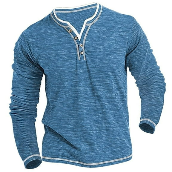 Gephdiin Long Sleeve Shirts for Men Men's T-Shirts Colored Cotton Small V Neck Cardigan Soft Stretch Shirt T Shirt Mens Long Sleeve Tee Shirts Graphic Tees Men Cotton Blue Xl